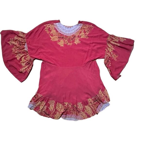 Free People Sunset Dreams printed flare sleeve blouse sz Small red - Picture 7 of 16